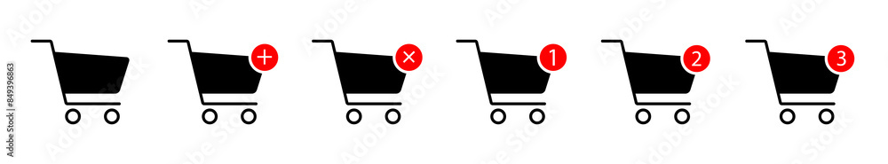 Aufkleber shopping cart in black color with one, two and three notifications with adding or removing a set of 