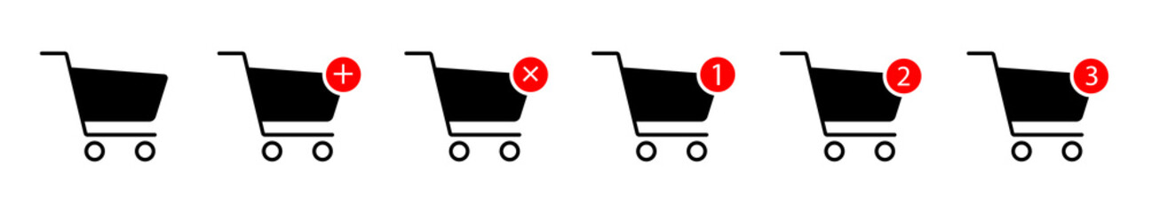 Shopping cart in black color with one, two and three notifications with adding or removing a set of icons of goods from the cart. Online shopping vector illustration design. © Rick Cranches
