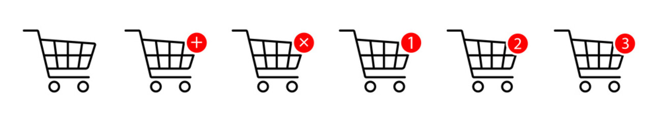 Shopping cart with one, two and three notifications with adding or removing items icons from the cart. Editable stroke. Online shopping vector illustration design. © Rick Cranches