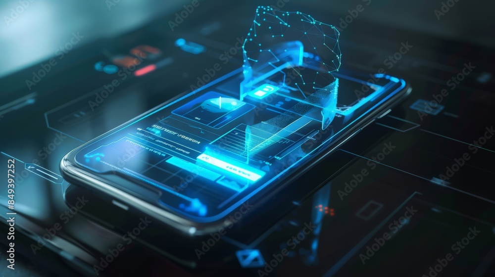 Poster design a phone with an ai assistant hologram that interacts with users in real-time.
