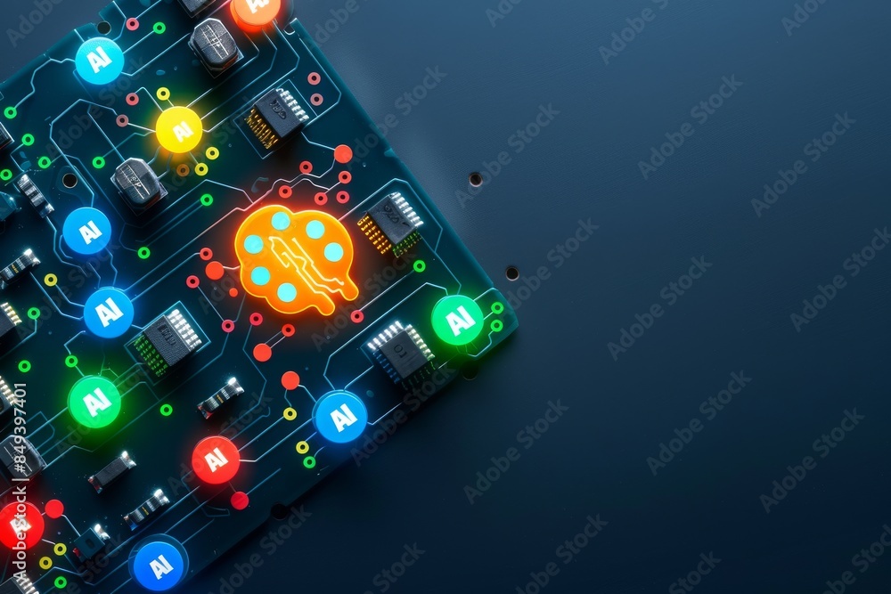 Poster close up of a colorful electronic device with various illuminated buttons, depicting technology at p