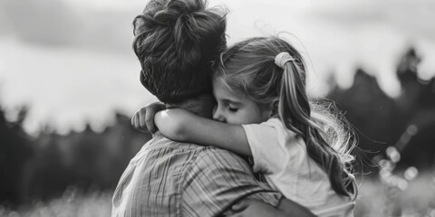 A young girl hugs an adult male in a black and white photograph, conveying warmth and affection
