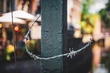 A close-up of barbed wire