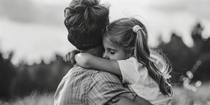 A young girl hugs an adult male in a black and white photograph, conveying warmth and affection