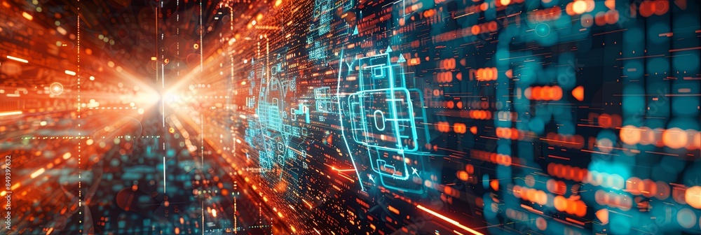Poster Abstract depiction of cybersecurity elements, including digital locks, shields, and network nodes, protected by AI algorithms, rendered in a futuristic and sophisticated design. Generative AI