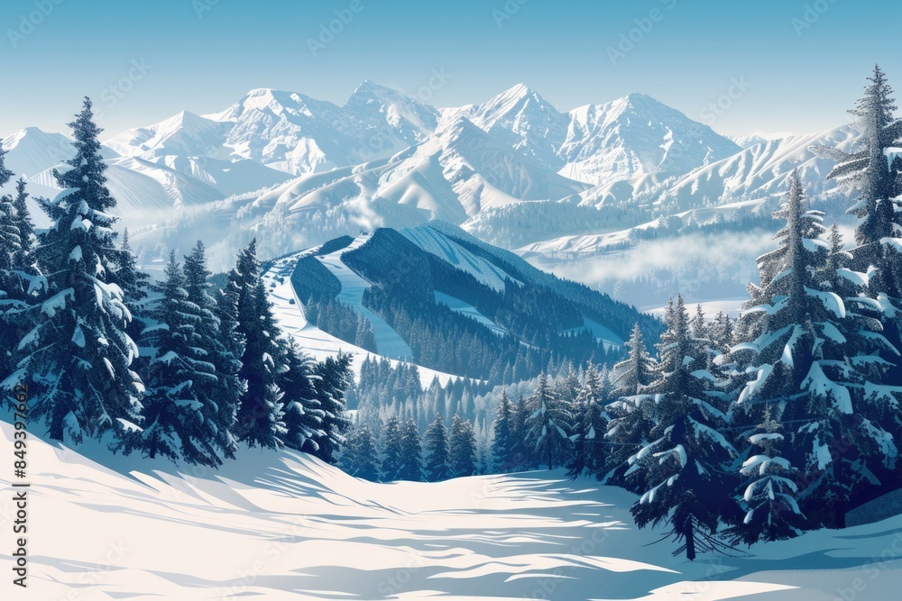 Aufkleber a serene winter scene featuring a snow-covered mountain with pine trees in the foreground