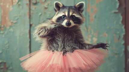 A playful raccoon wearing a pink tutu poses for the camera