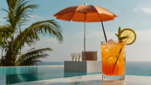 refreshing orange cocktail with a slice of lime sits on a table by the beach. The backdrop features orange parasols and palm trees, creating a tropical and relaxing vacation scene