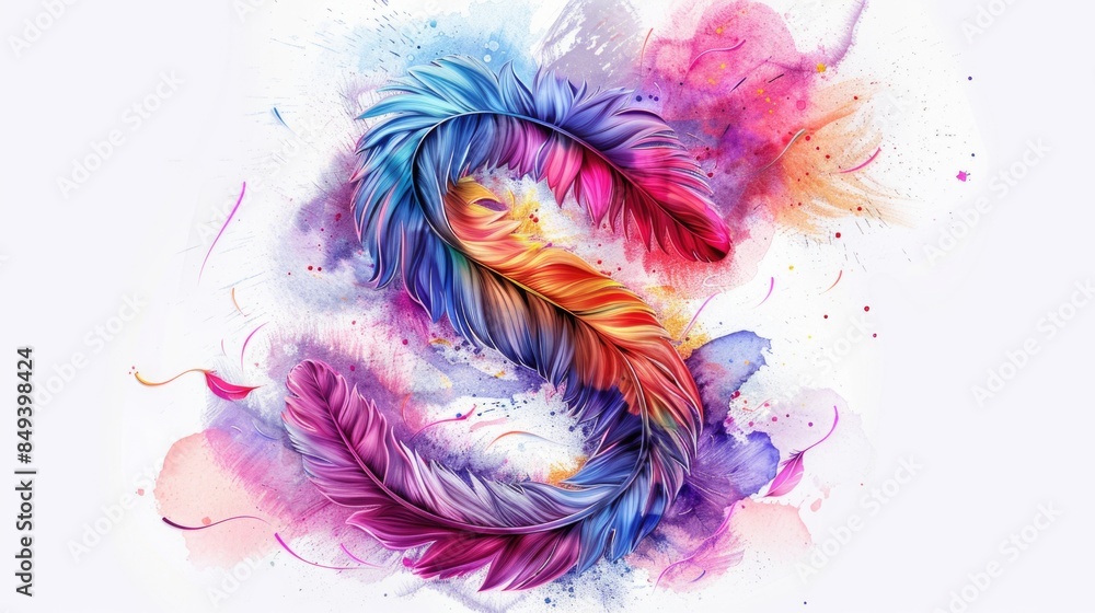 Poster a single colorful feather sitting on a white background