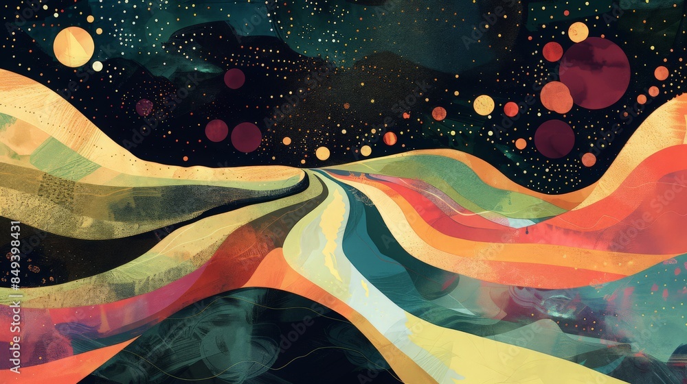 Poster design an abstract artwork that represents a journey, with a winding path and evolving colors and sh