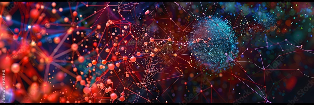 Poster An abstract visualization of a neural network with interconnected nodes and lines, demonstrating the intricate data processing and learning capabilities of artificial intelligence. Generative AI