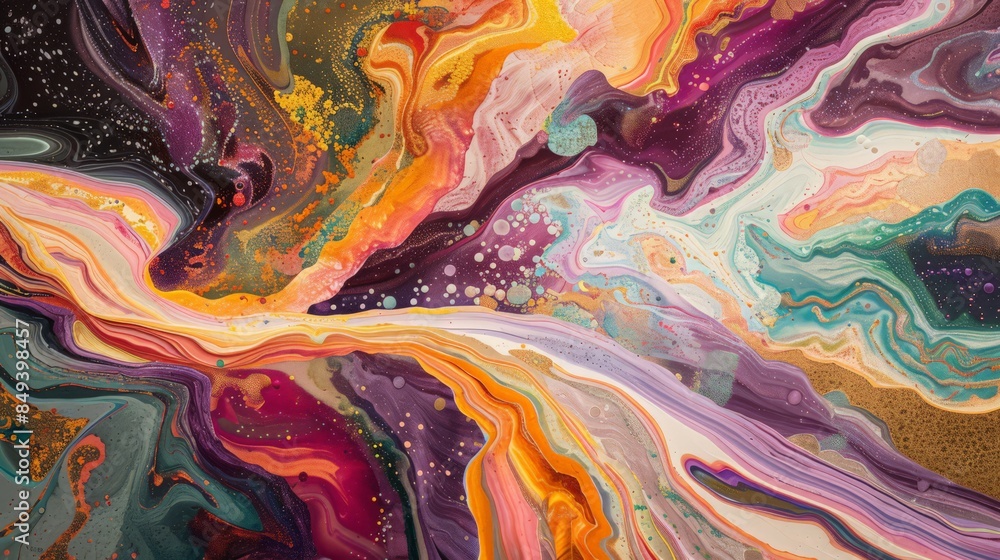 Poster design an abstract artwork that represents a journey, with a winding path and evolving colors and sh