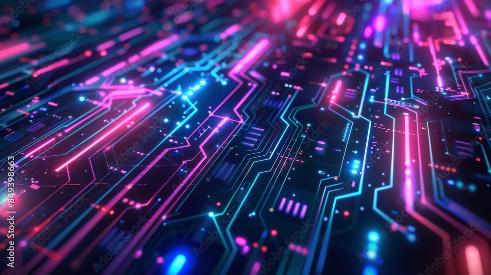 Poster design an abstract background inspired by digital circuits, using sharp lines and neon colors to cre