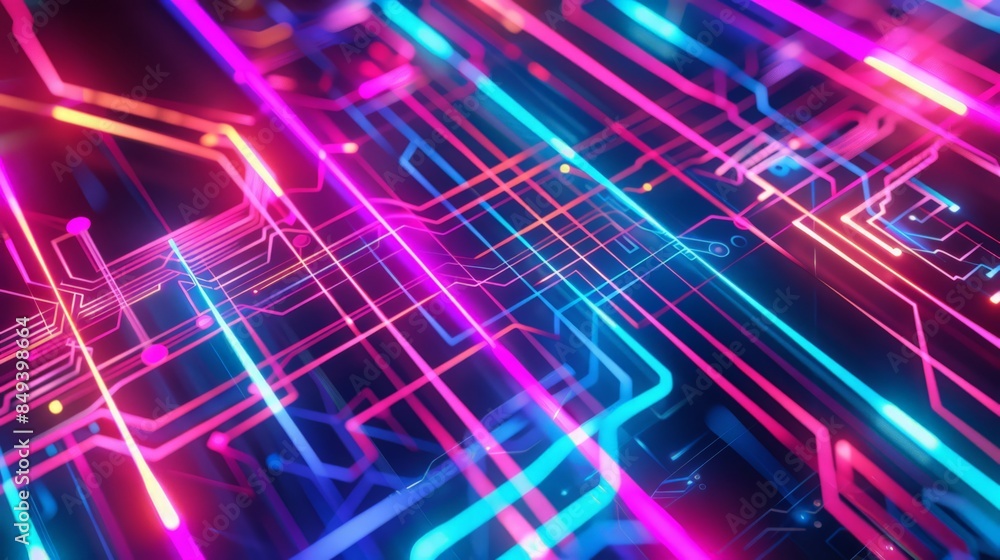 Poster design an abstract background inspired by digital circuits, using sharp lines and neon colors to cre