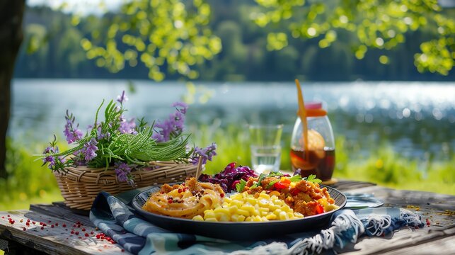 A vibrant plate of surstromming with traditional Swedish accompaniments, set on a picnic table by a picturesque lake, with lush greenery in the background