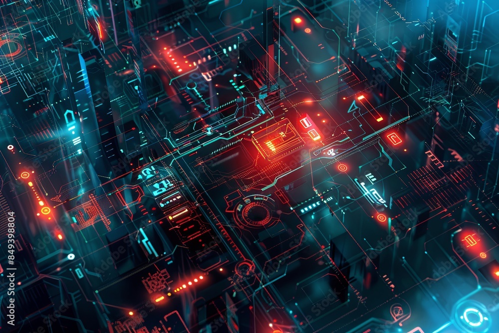 Poster an abstract depiction of a futuristic cybersecurity network protected by ai algorithms, featuring di