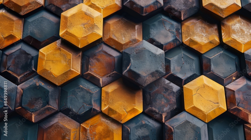 Poster Design an abstract background that uses a repetitive pattern of hexagons in various shades to create a honeycomb effect.
