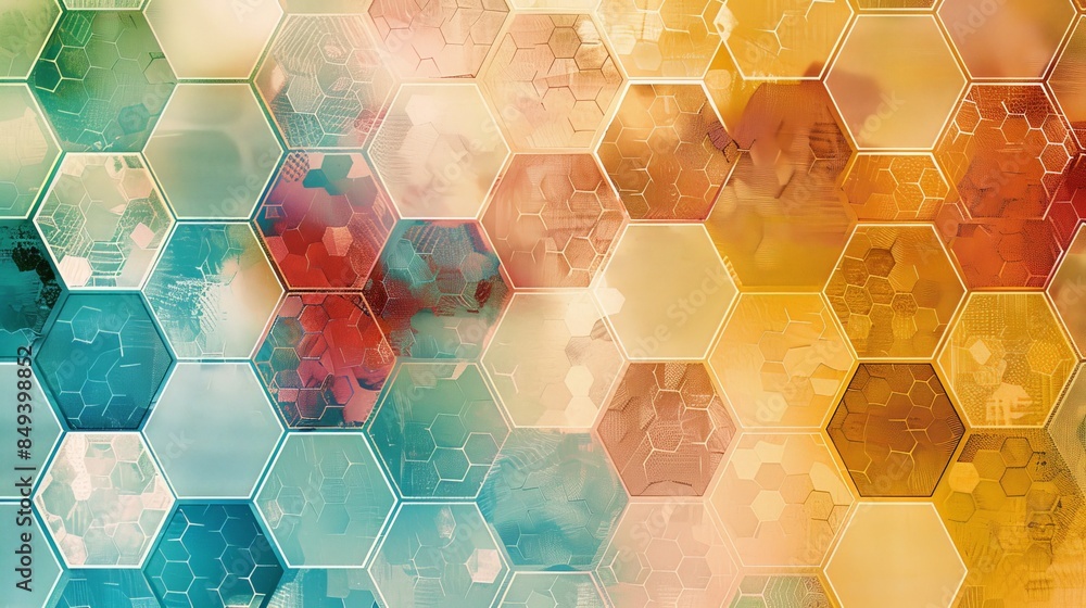 Poster Design an abstract background that uses a repetitive pattern of hexagons in various shades to create a honeycomb effect.