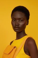A woman wearing a bright yellow dress and carrying a matching purse, possibly for a sunny day or special occasion