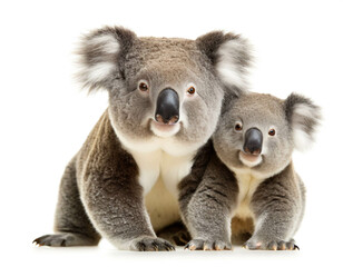 Fototapeta premium Koalabär mit baby auf vier beinen isoliert auf weißen Hintergrund, Freisteller 