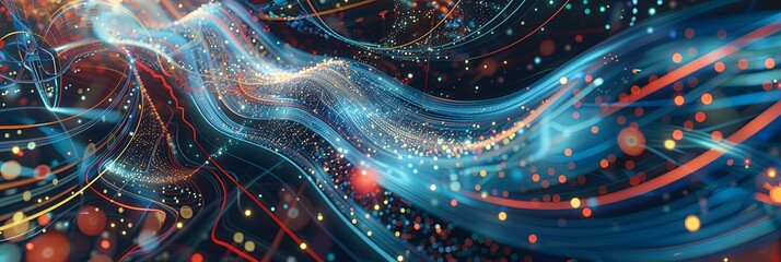 An abstract visualization depicting massive information streams, complex graphs, and digital interfaces representing AI data processing. Generative AI