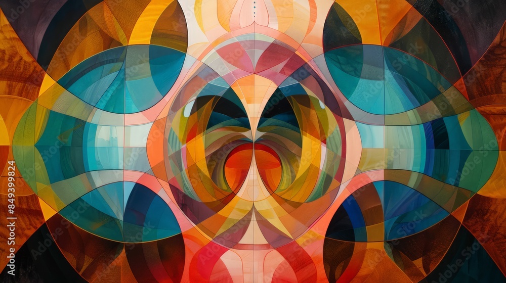 Poster design an abstract piece that explores the concept of balance, using symmetrical shapes and harmonio