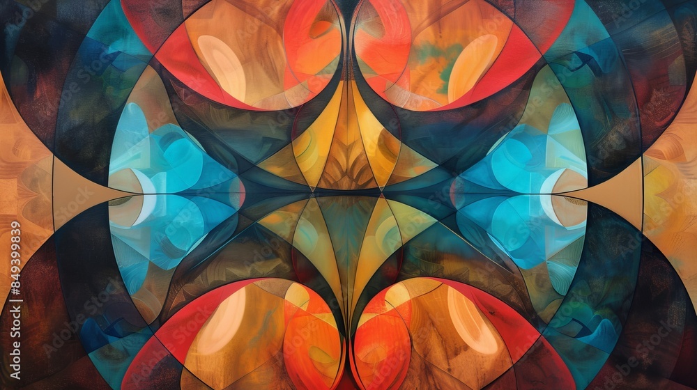 Poster design an abstract piece that explores the concept of balance, using symmetrical shapes and harmonio
