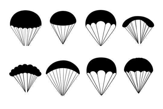 Black silhouette Set of simple cartoon parachute vector illustration isolated on white background