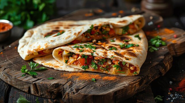 A vibrant serving of Algerian mhajeb with crispy, folded flatbread stuffed with tomato and onion mixture, placed on a rustic wooden board, warm afternoon light
