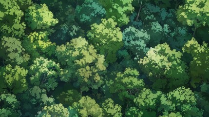 Design an aerial perspective of a sprawling forest, revealing the dense canopy of trees in various shades of green.