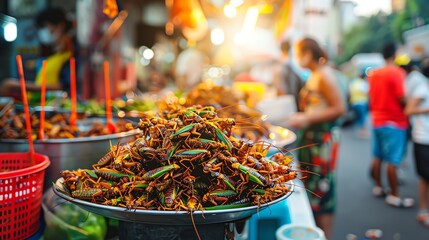 A vibrant shot of fried crickets on a street food cart, with colorful market surroundings and curious onlookers, highlighting the dishs role as a popular snack