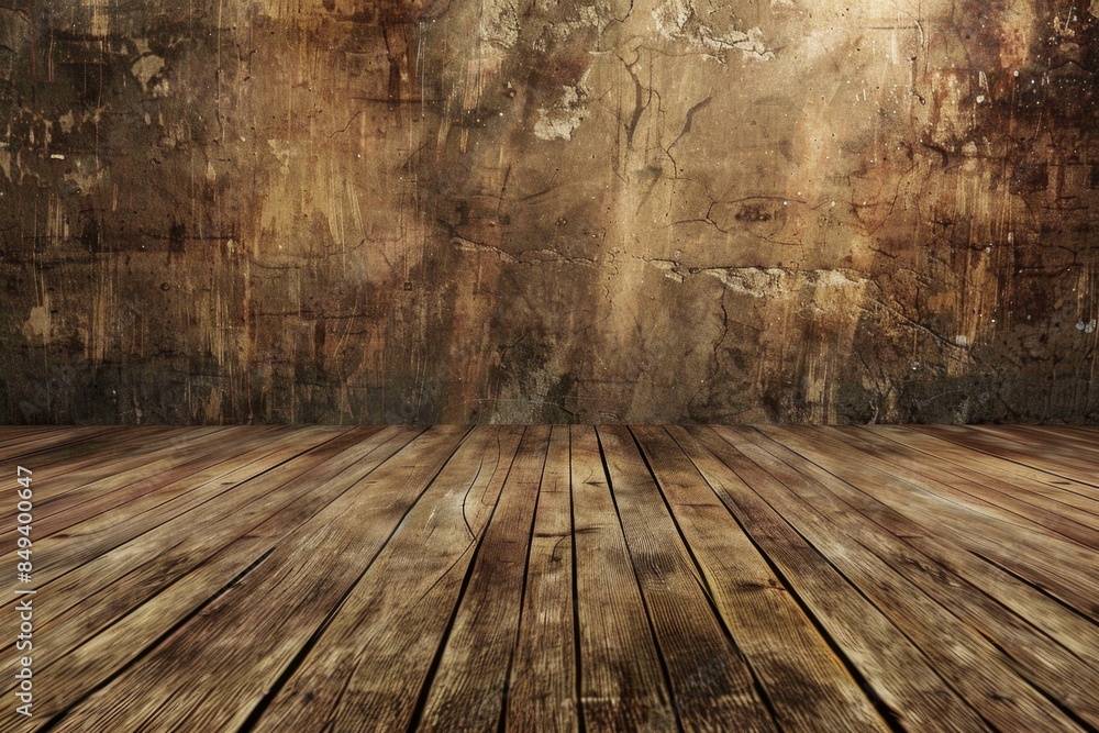 Poster a worn wooden floor with a distressed grungy wall behind it, perfect for use as a background or text