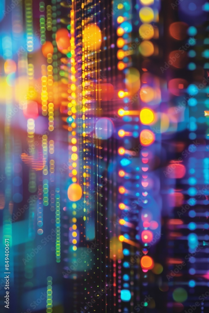 Poster abstract background with colorful bokeh lights, representing technology, data, and connectivity.