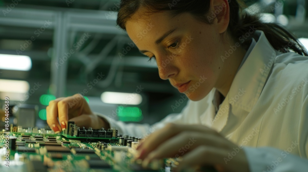 Poster a person is fixing a computer motherboard with various components