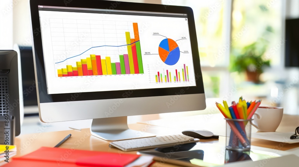 Poster design an image of a financial chart on a computer screen, with rising graphs indicating profit.