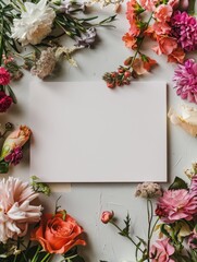 A blank white card surrounded by vibrant summer flowers in white, orange and black autumn colors. Copy space, greeting card for text. Shallow depth of field