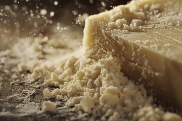 A slice of cheese sits on a wooden table