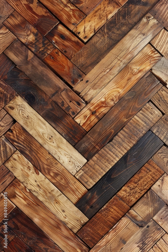 Poster Close-up shot of a wooden floor featuring a herringbone pattern, suitable for use in interior design or architectural projects