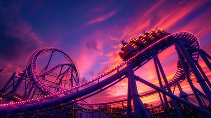 A roller coaster at a theme park during sunset, great for travel or adventure themed projects