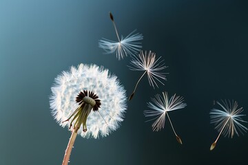 a solitary dandelion puff dispersing its seeds in a gentle breeze, symbolizing the cycle of life and renewal