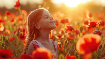 Naklejka premium Little girl in a field of poppies during sunset