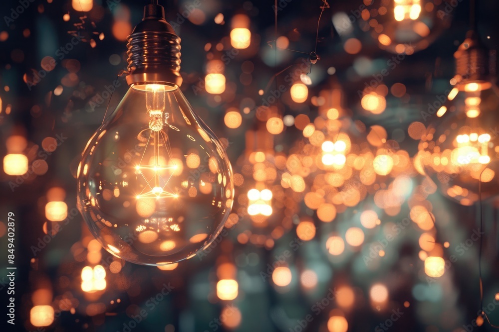 Poster a collection of light bulbs suspended from a ceiling, often used in interior design or architecture 