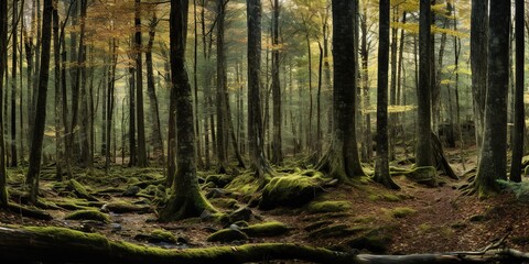 Obraz premium Wild ligh nature outdoor inside forest landscape background. Adventure travel hiking vibe scene