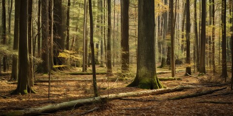 Obraz premium Wild ligh nature outdoor inside forest landscape background. Adventure travel hiking vibe scene