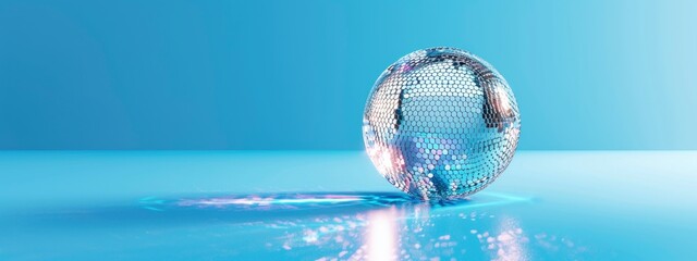 disco ball  on blue background with light. night life, party, holiday concept. banner