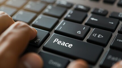 A person is typing on a keyboard with the word "peace" written on it