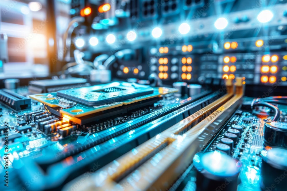 Poster deep blue tech workshop with focus on ai chip installation, illustrating precision and advanced elec