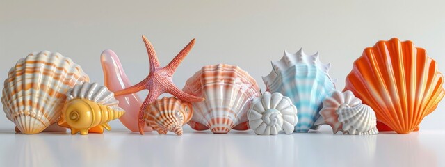 Obraz premium seashell made of inflatable items on white background in style of 3d. playful design concept. vacation, travel and sea concept. banner