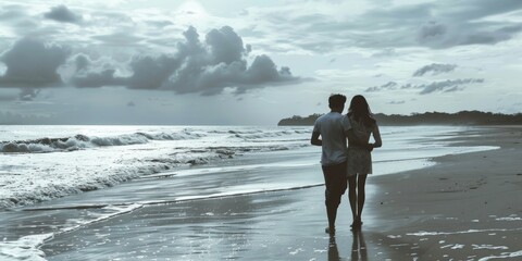 A couple walking hand in hand on a sunny beach, with palm trees and calm waves