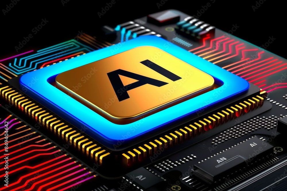 Poster macro shot of ai microchip, detailed and vibrant, symbolizing the core of modern computing and infor